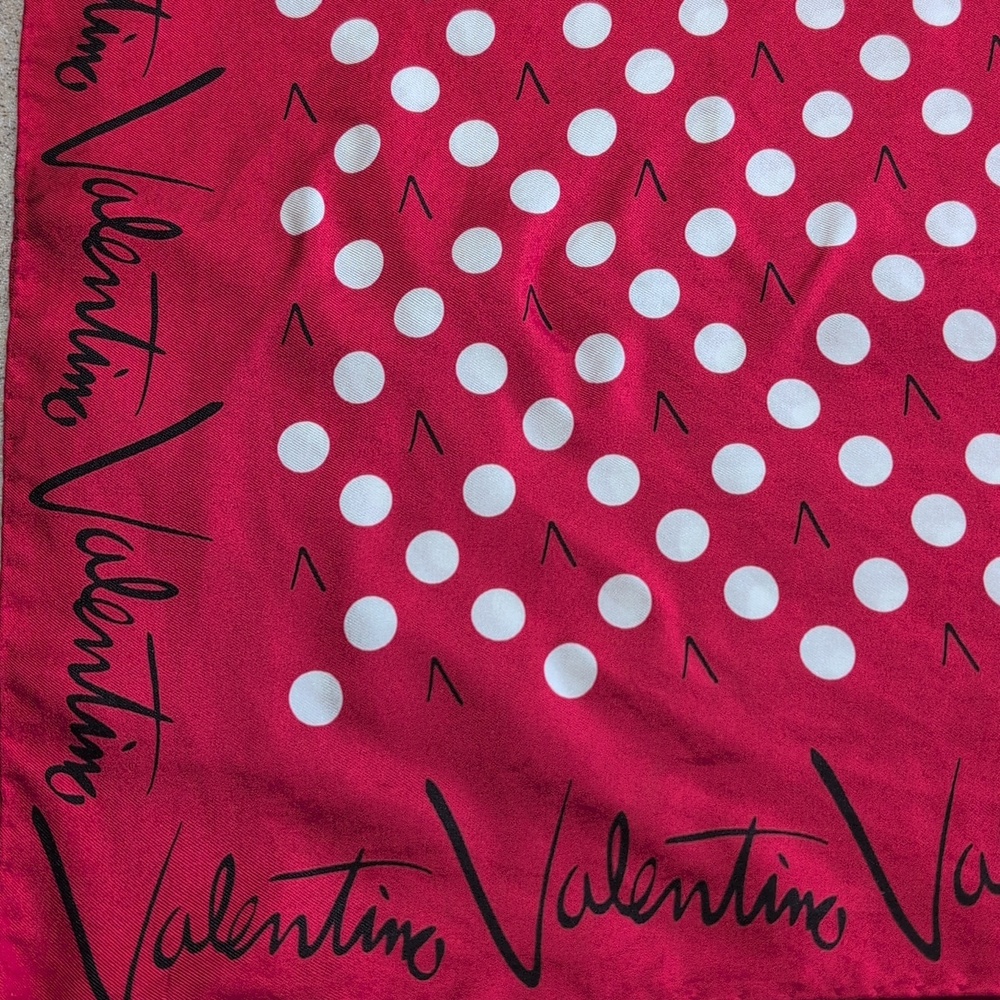 Valentino Silk Red/w White Dots and Black V's Scarf 33.25" x 34"